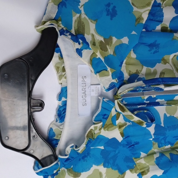 SUGARLIPS ruffle balloon sleeve blouse in blue/green/cream, sz M - Picture 5 of 8